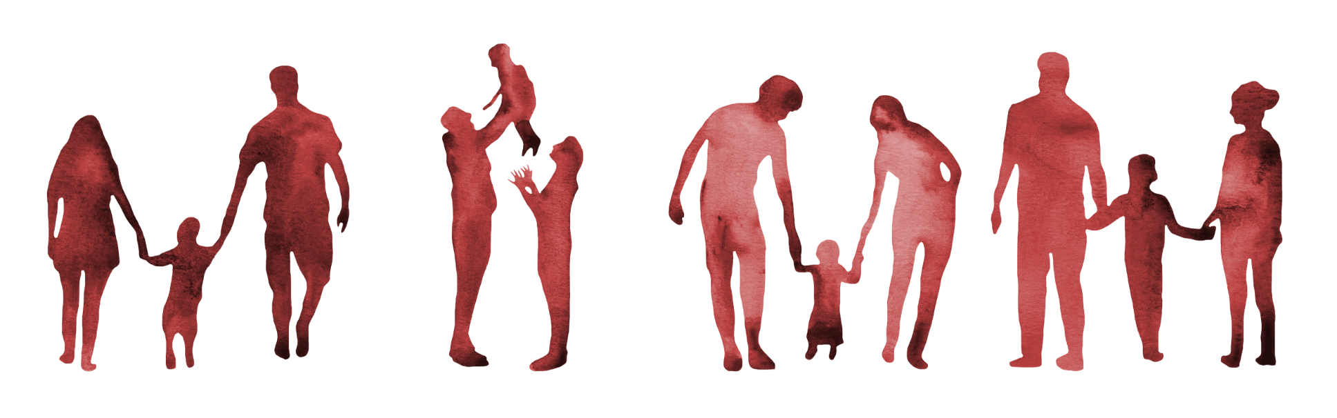 Illustration von Familien und Kindern in roter Farbe.